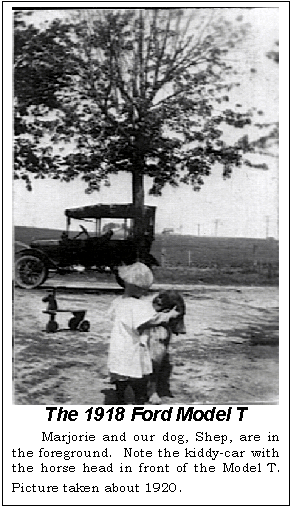 Text Box: The 1918 Ford Model T
Marjorie and our dog, Shep, are in the foreground. Note the kiddy-car with the horse head in front of the Model T. Picture taken about 1920.
