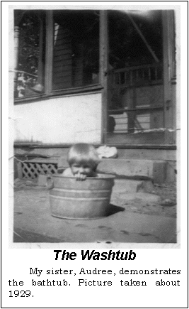 Text Box:  The Washtub
My sister, Audree, demonstrates the bathtub. Picture taken about 1929.
