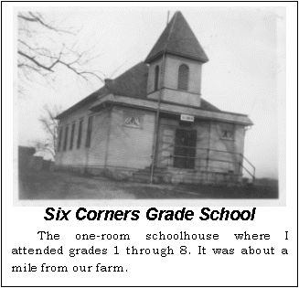 Text Box:  Six Corners Grade School
The one-room schoolhouse where I at-tended grades 1 through 8. It was about a mile from our farm.
